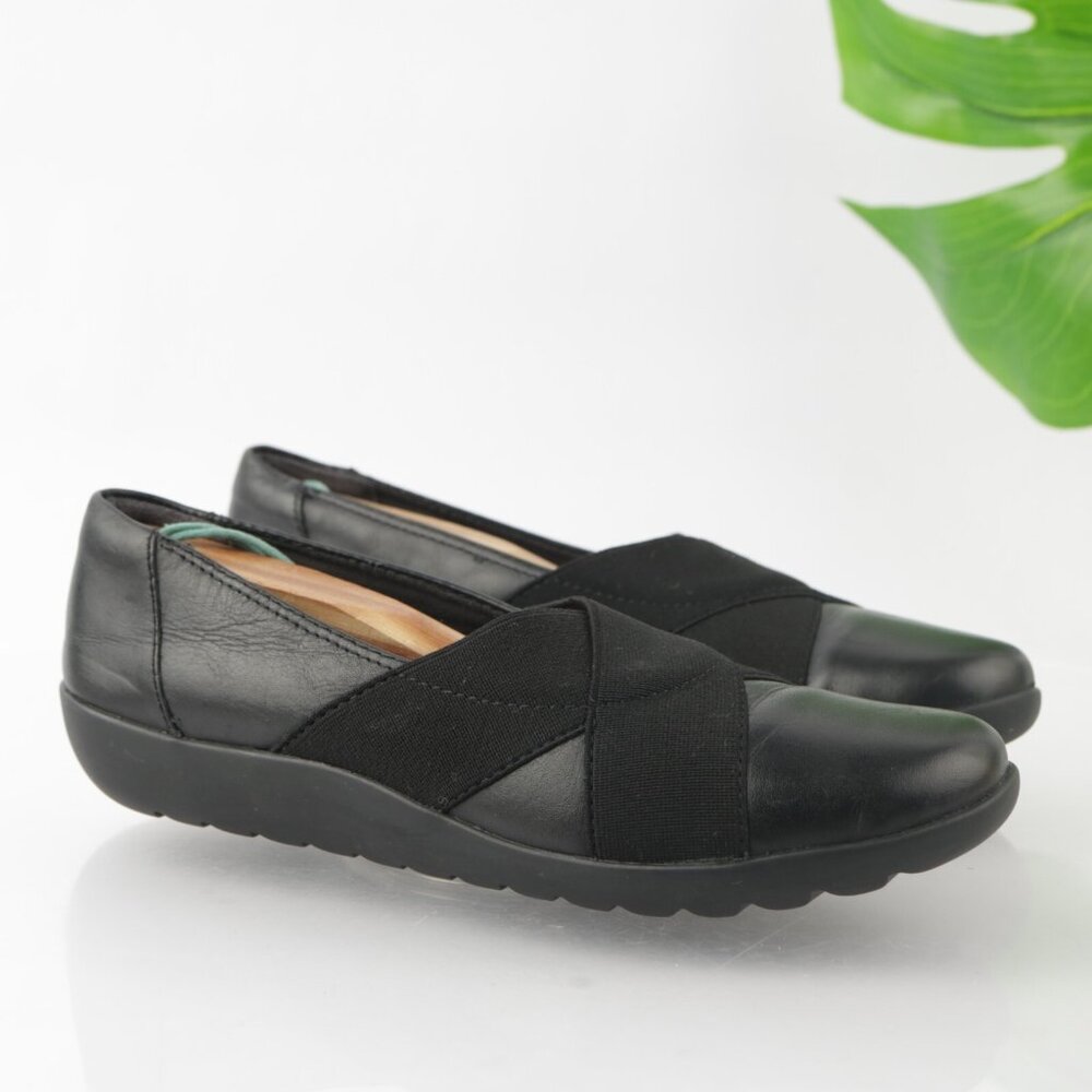 Clarks Womens Medora Jem Flat Size 7.5 Black Leather Ballet Shoe Elastic Strap